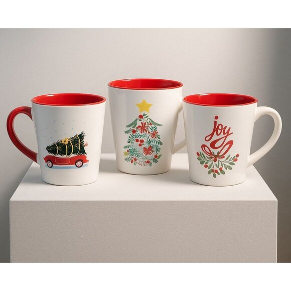 Gibson Home Other - Christmas Ceramic Mug Set Red Interior Holiday Coffee Cups Joy Tree Car Design